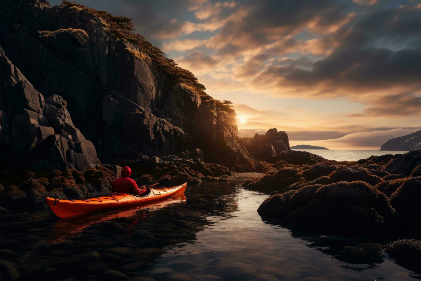 ai généré homme kayak sur le mer à le coucher du soleil. 3d le rendu, une rouge kayak et une homme camping sur côtier rochers, ai généré photo