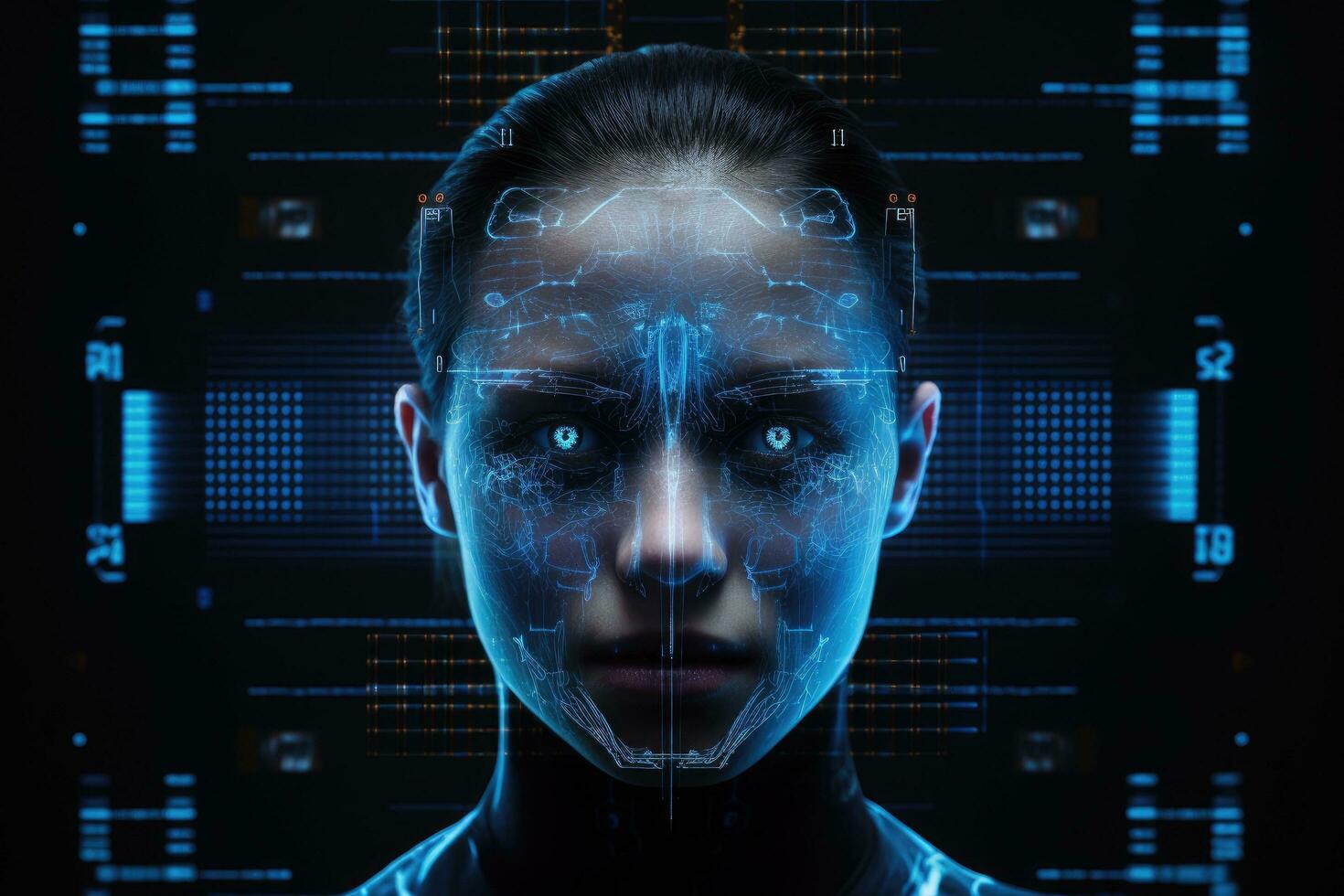 ai généré proche en haut de futuriste femelle visage fabriqué de binaire code. 3d le rendu, numérique hologramme ct analyse et radiographie sur une Humain affronter, présenté sur une foncé médical écran sans pour autant révélateur le réel photo