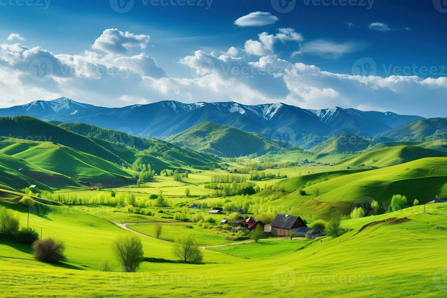 ai généré magnifique paysage avec vert prés et bleu ciel avec des nuages. photo