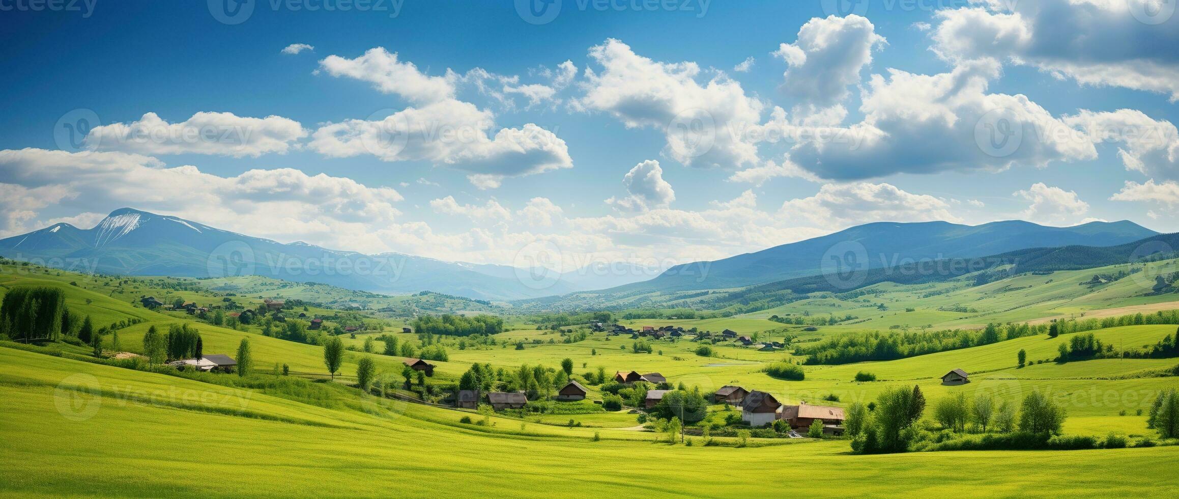 ai généré magnifique paysage avec vert prés et bleu ciel avec des nuages. photo