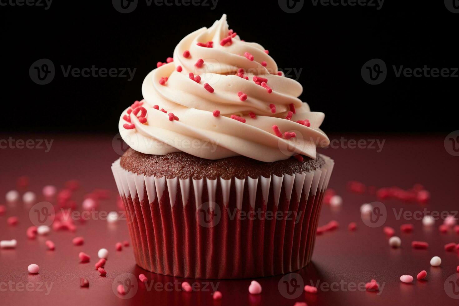 ai généré Valentin petit gâteau avec en forme de coeur arrose sur rouge Contexte photo