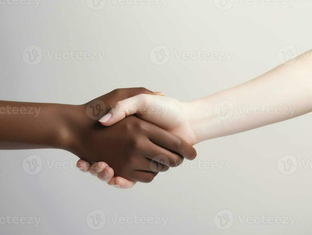 ai généré interracial poignée de main, détail de noir et blanc mains salutation chaque autre photo