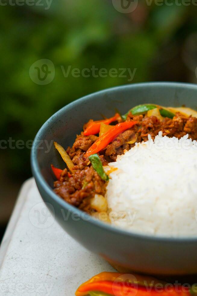 fumée du boeuf avec le Chili et riz photo