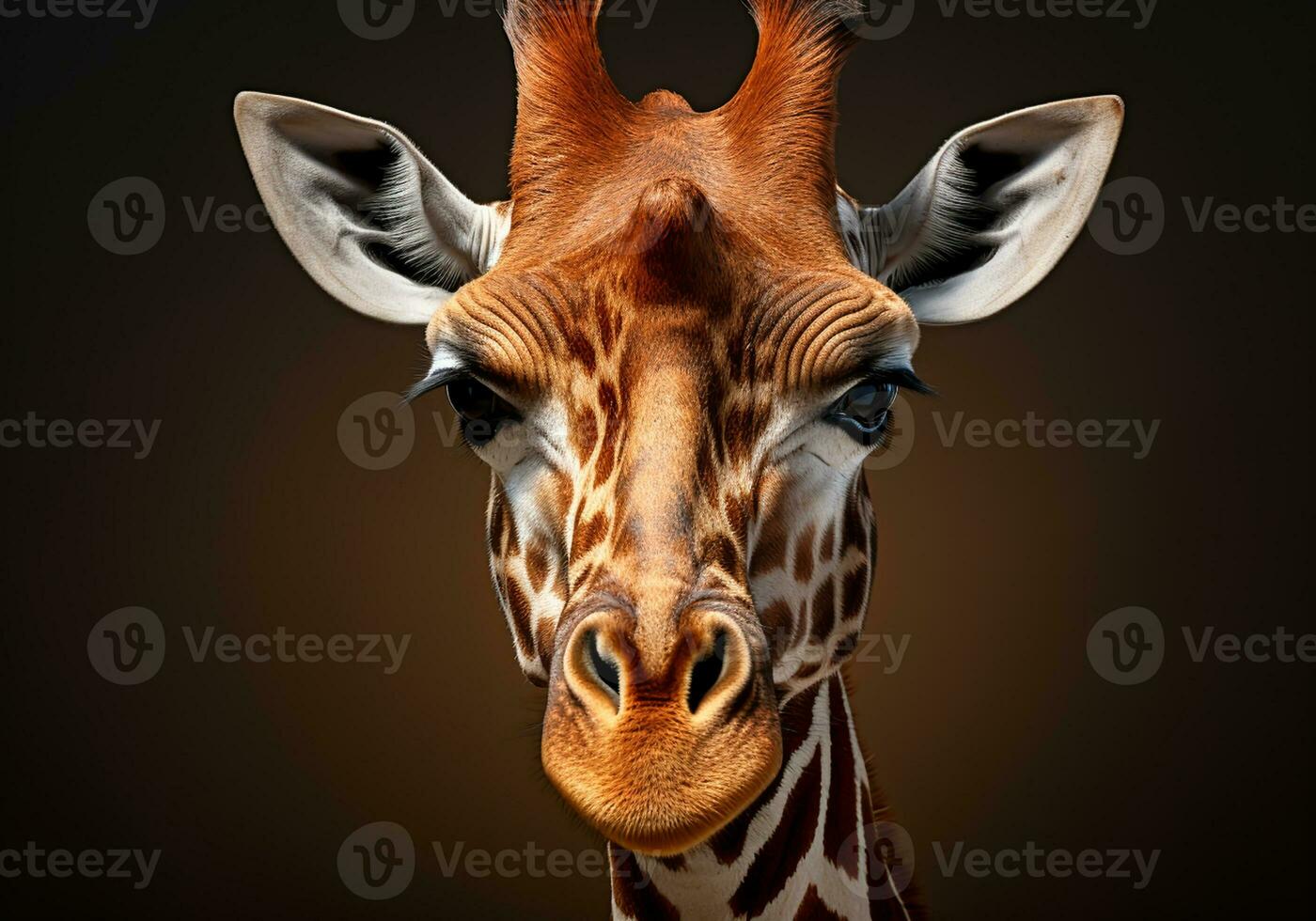 ai généré réaliste portrait de une girafe sur foncé Contexte. photo
