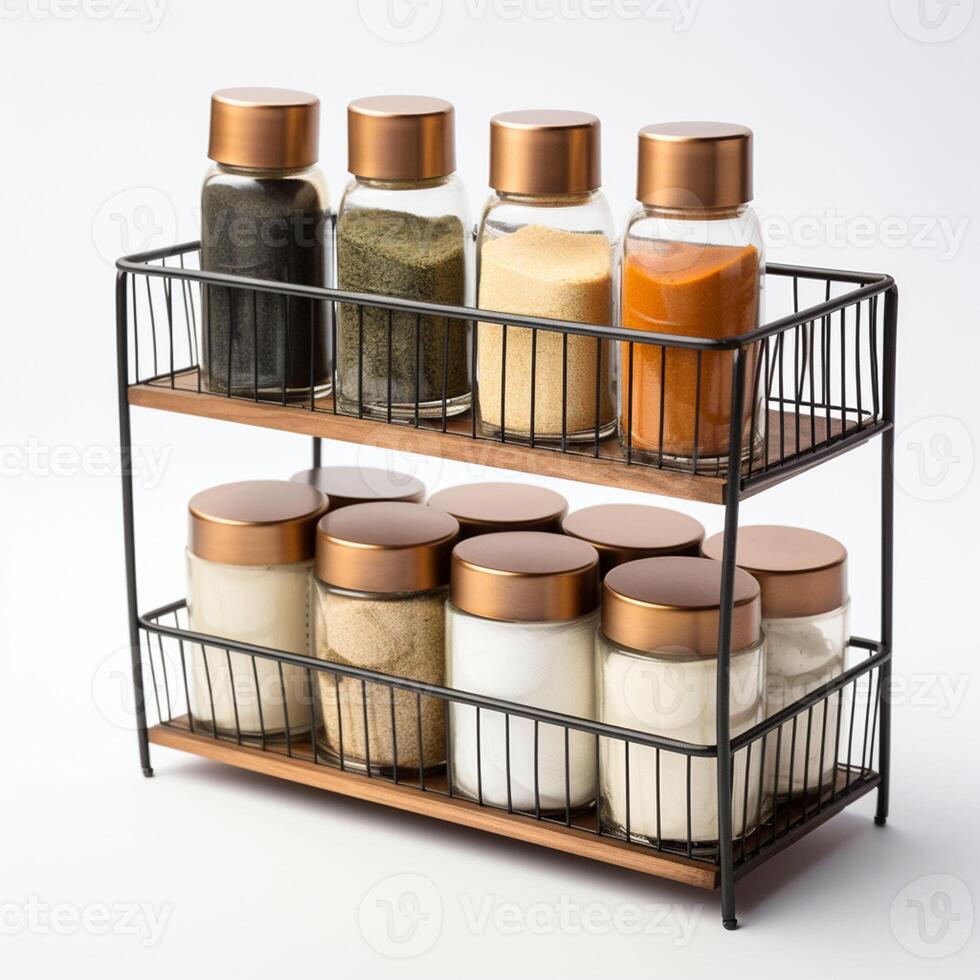 ai généré organisateur pour stockage des fruits et légumes, Plastique  organisateur pour le maison. une rangé cuisine avec espace de rangement  solutions pour cuisine essentiel et épices. 34983138 Photo de stock chez