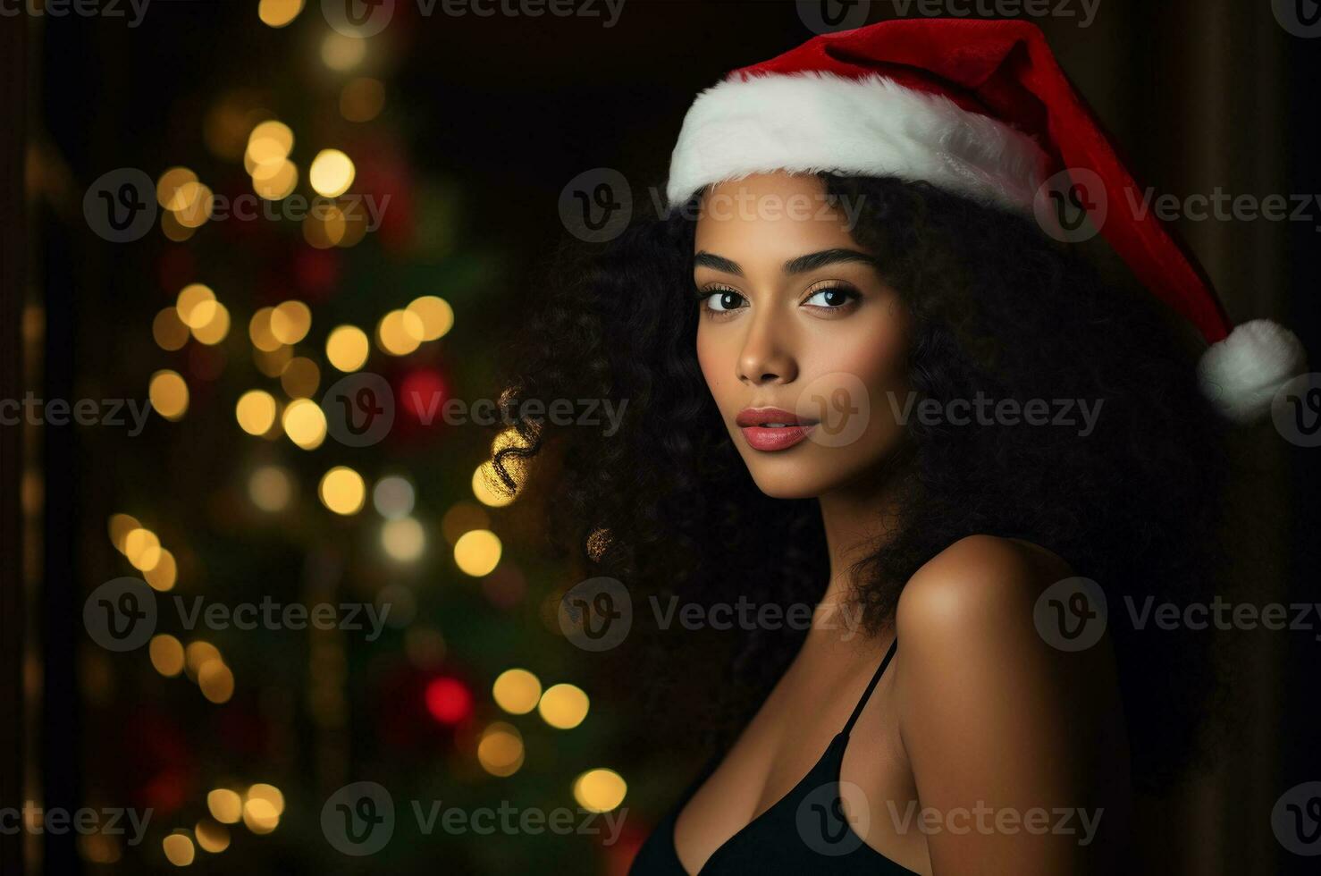 ai généré magnifique noir frisé femme dans Père Noël chapeau contre Contexte de Noël arbre photo