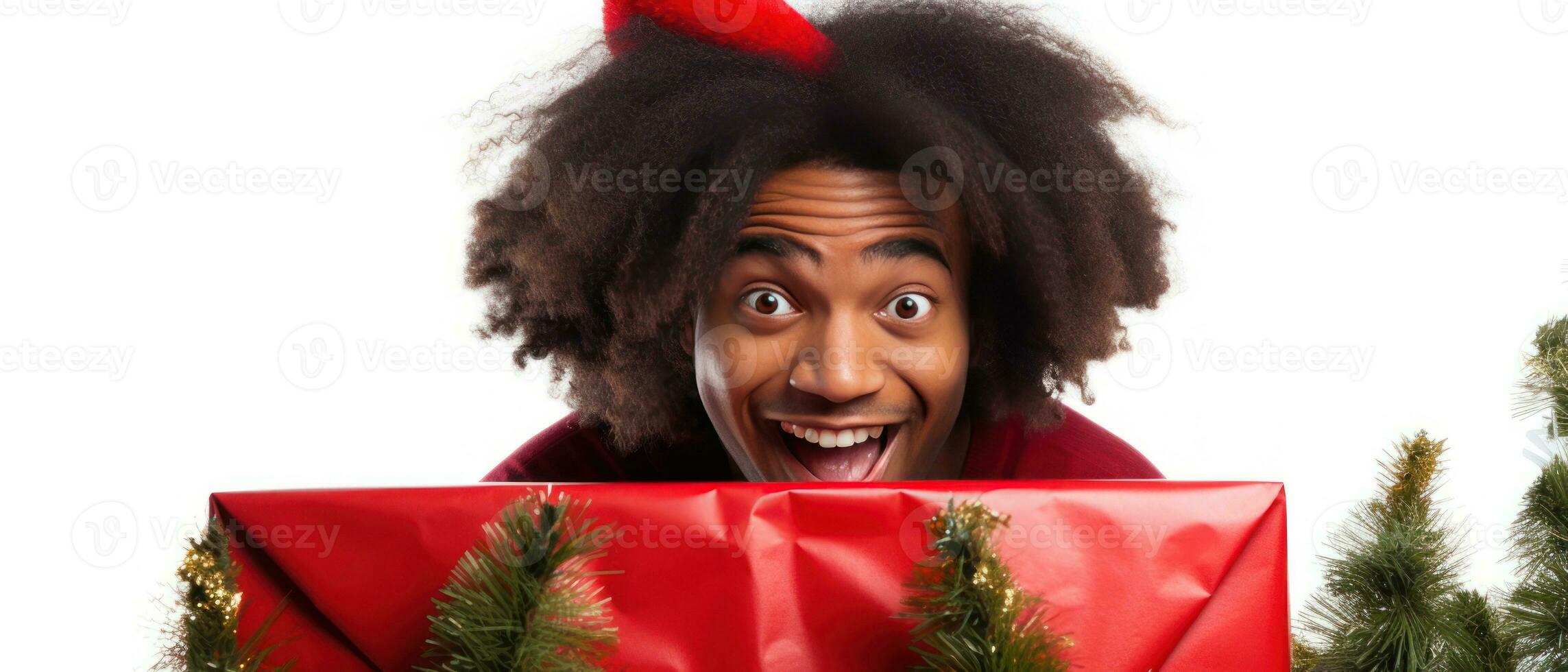 ai généré joyeux moment avec une la personne ludique cache derrière une décoré Noël arbre. ai génératif. photo