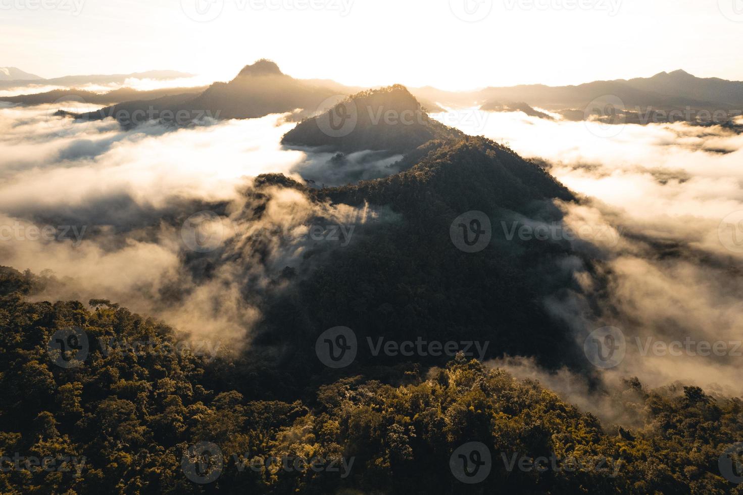 montagnes et brouillard du matin dans la forêt tropicale photo
