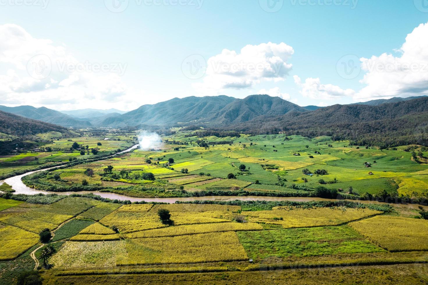 vues sur les paysages de terrain et champs verts par temps clair photo