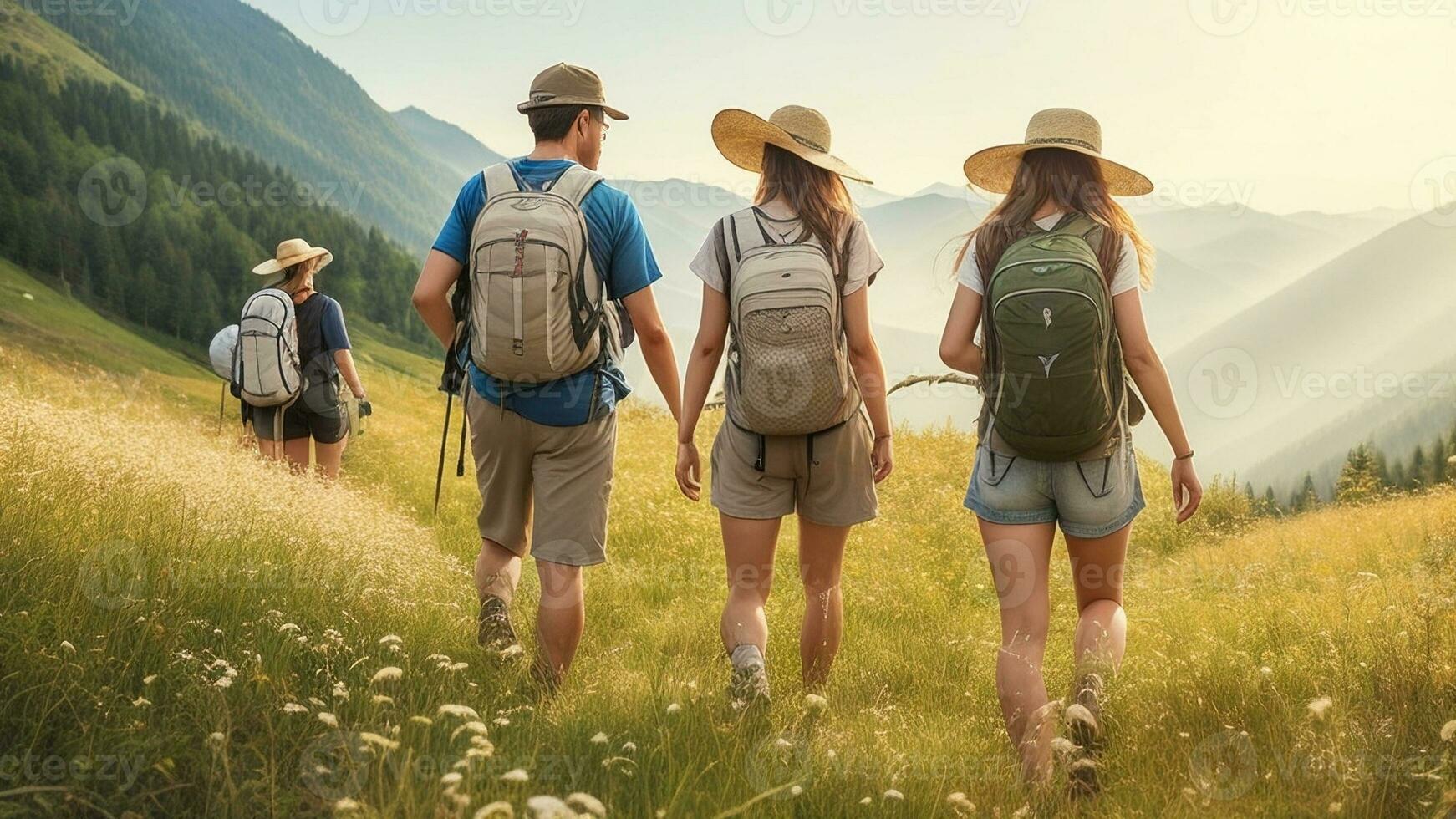 ai généré en marchant dans le montagnes photo