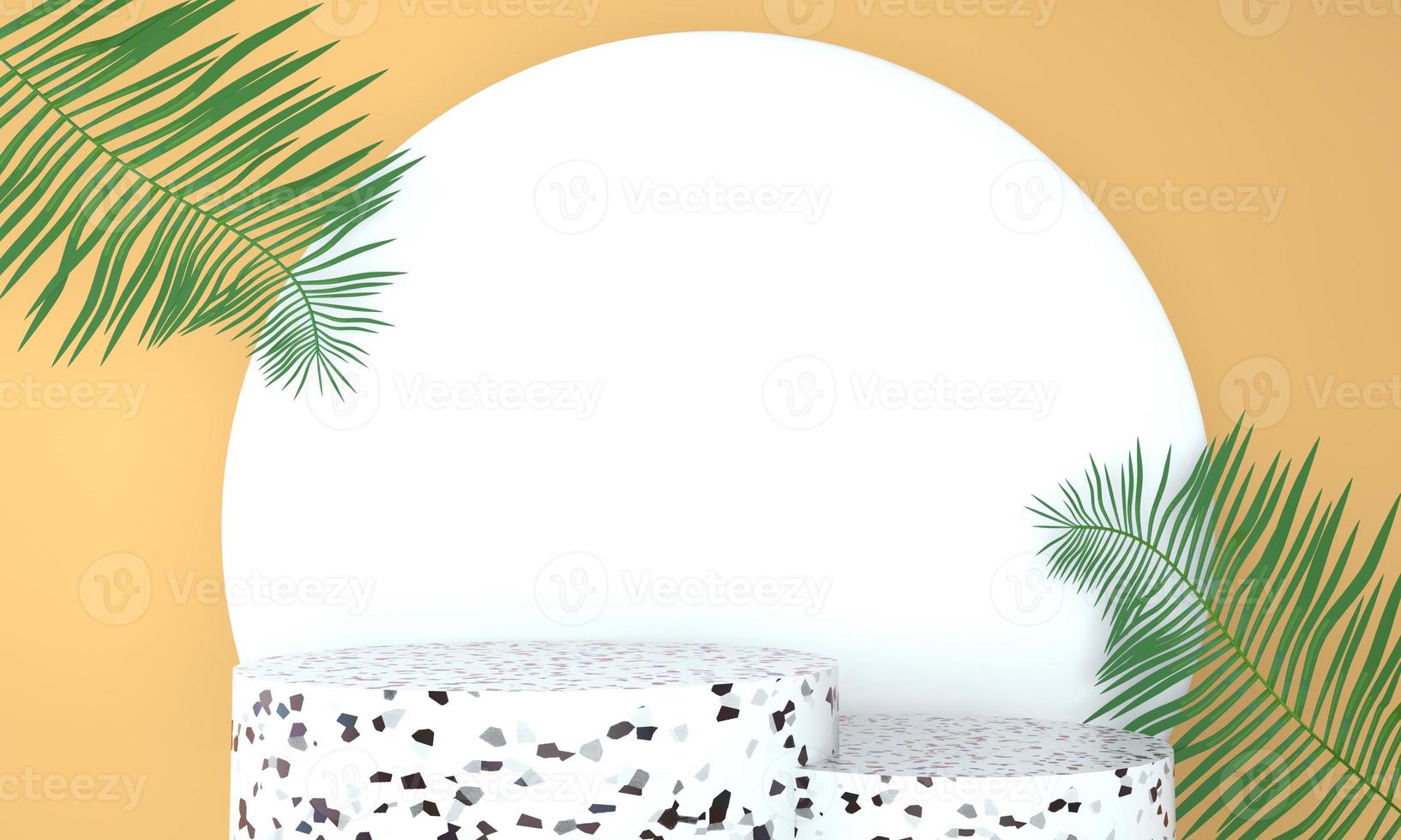podium d'affichage du produit décoré de feuilles sur fond pastel, illustration 3d photo