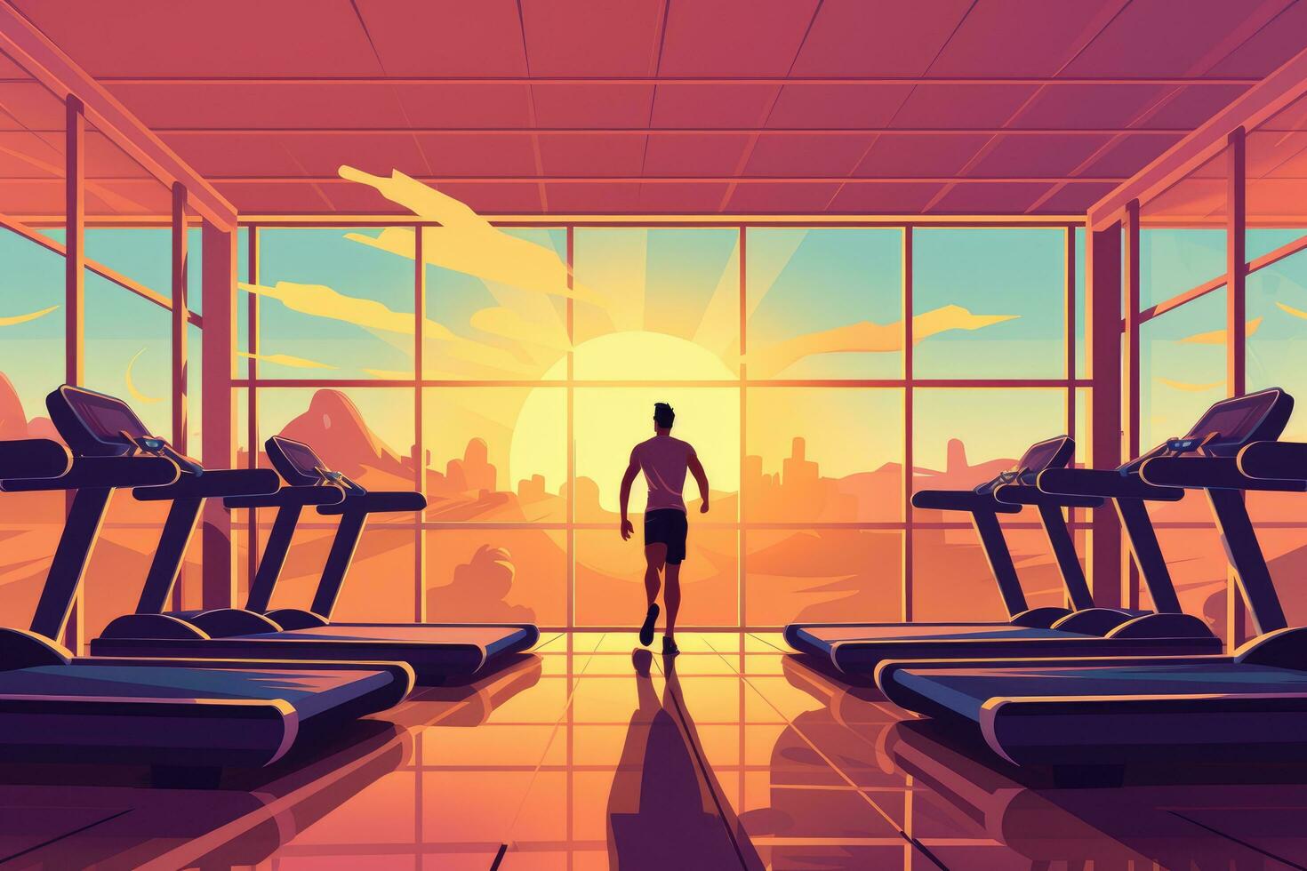 ai généré homme fonctionnement sur tapis roulant dans aptitude centre à le coucher du soleil. dessin animé vecteur illustration, une homme en marchant sur une tapis roulant à le aptitude Gym club, ai généré photo