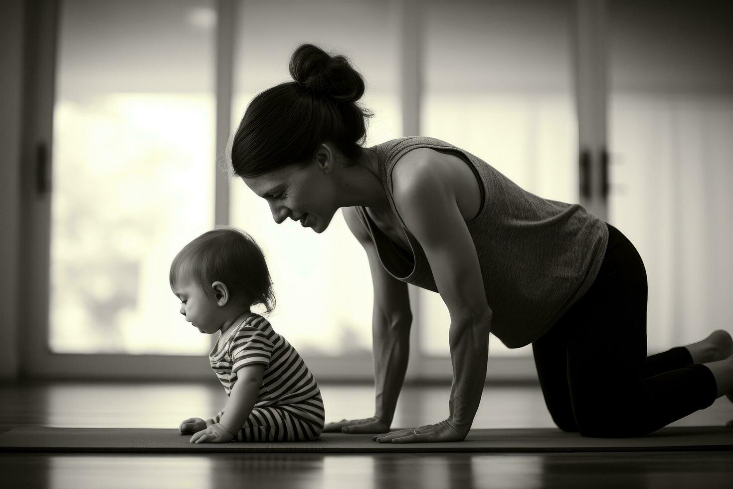 ai généré mère et bébé Faire des pompes dans le salle de sport. noir et blanc, une maman pratiquant yoga dans balasana pose avec sa enfant, ai généré photo