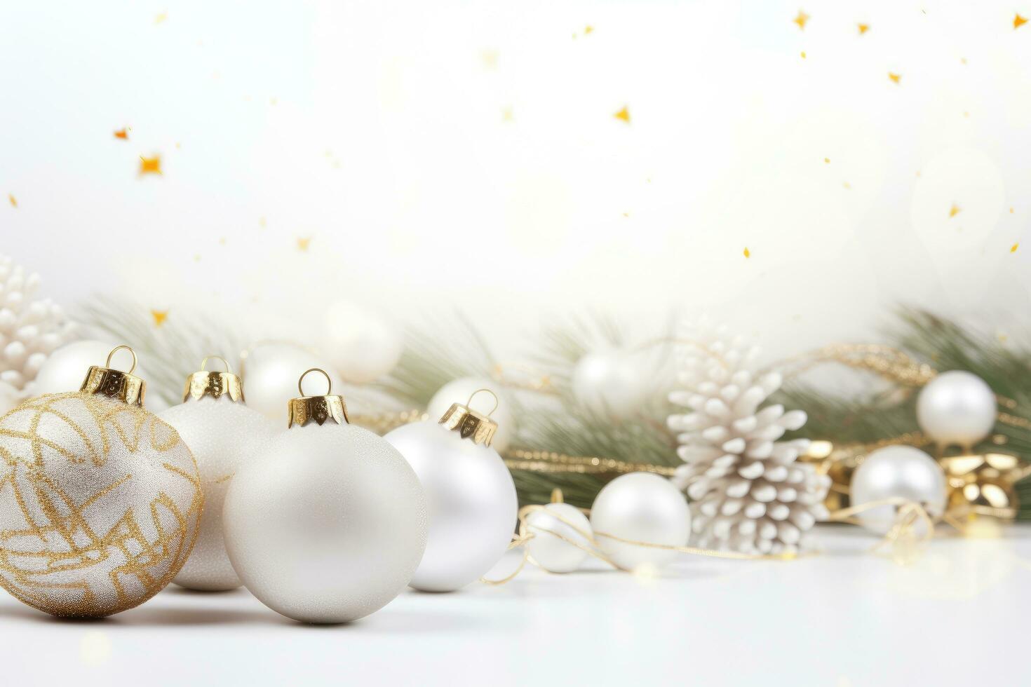 ai généré Noël Contexte avec blanc Noël babioles sur une blanc arrière-plan, Noël blanc Contexte avec Noël des balles et décoration, ai généré photo