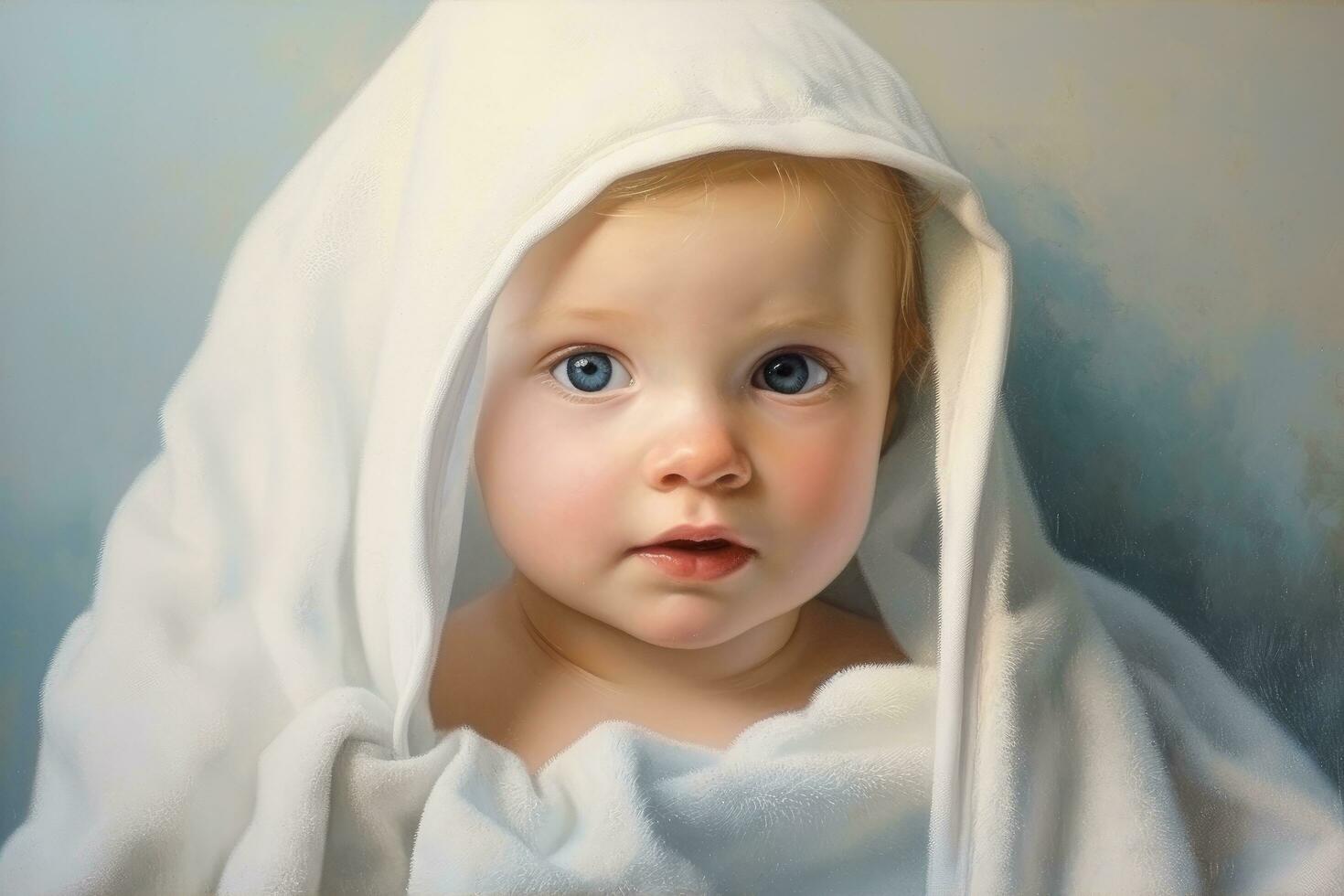 ai généré portrait de une mignonne peu bébé fille dans une blanc serviette, adorable bébé avec bleu yeux dans une serviette après une bain, présenté dans une portrait, ai généré photo