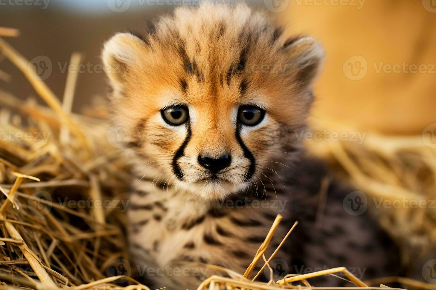 ai généré portrait de une bébé guépard avec gros yeux photo