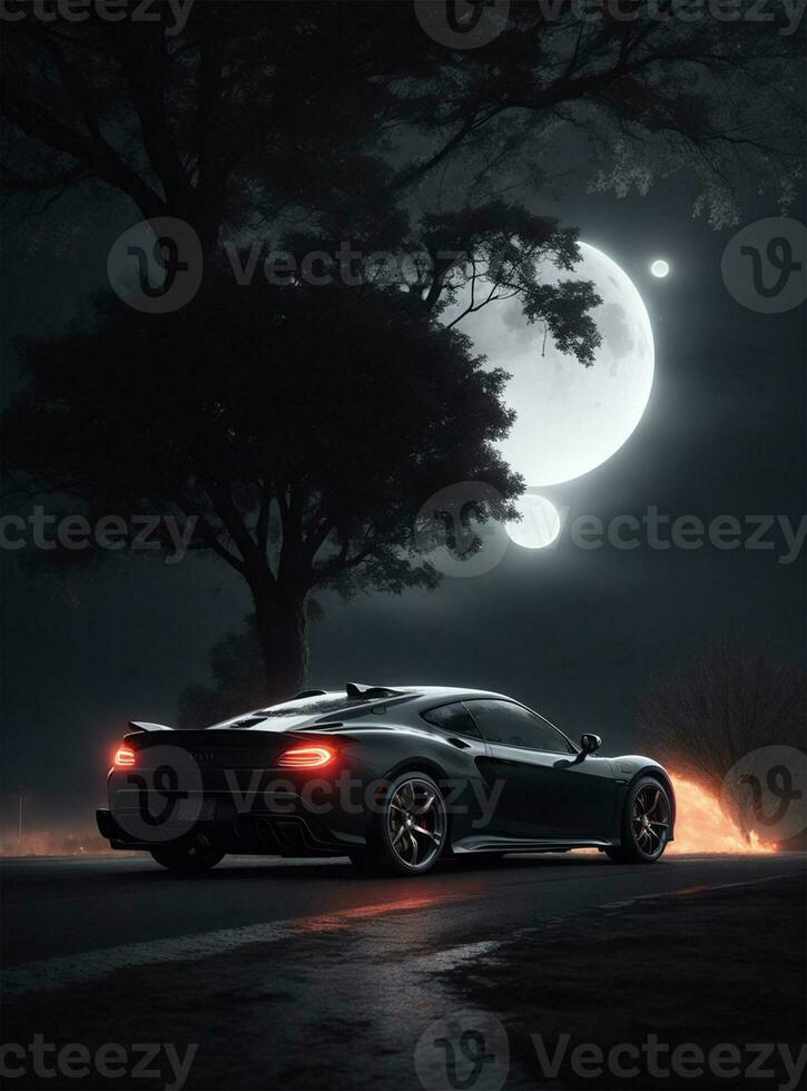 ai généré noir super voiture dans minuit photo