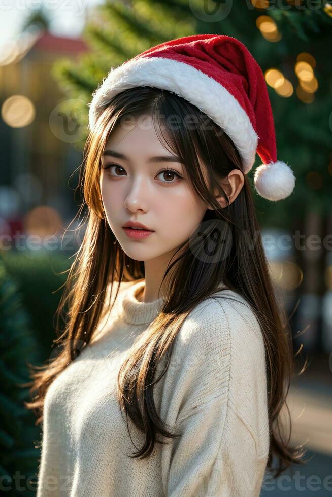 ai généré ai génératif magnifique fille dans Père Noël claus vêtements plus de Noël Contexte photo