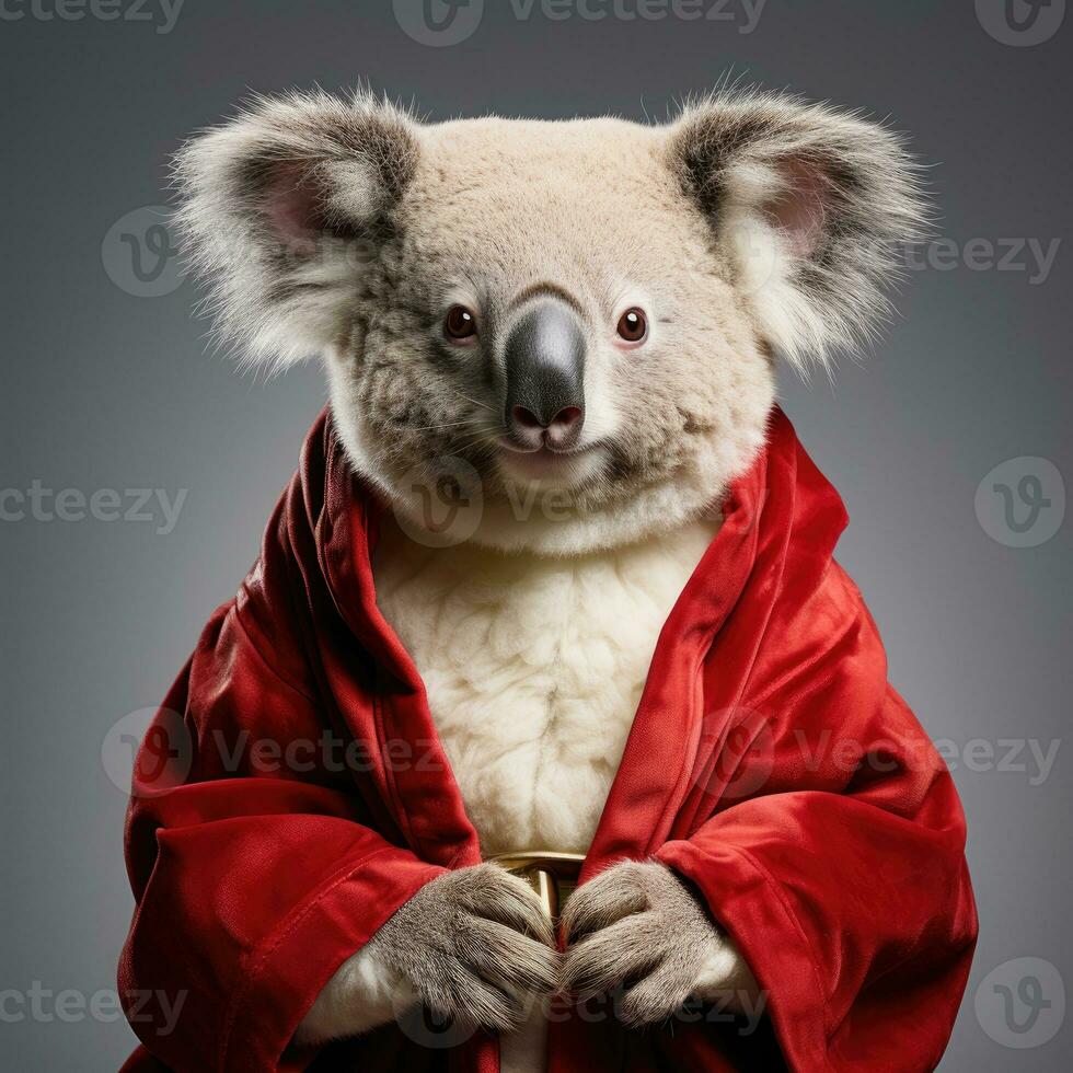 ai généré mignonne koala rouge Père Noël chapeau Contexte neige carte postale duveteux animaux cadeau rouge hiver photo