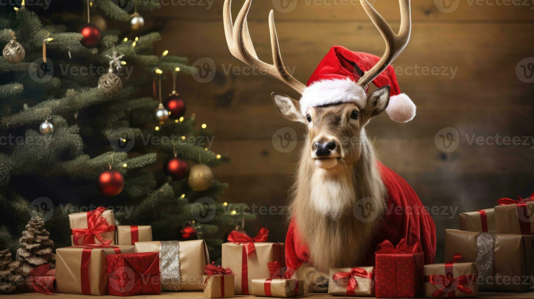 ai généré mignonne cerf rouge Père Noël chapeau Contexte neige carte postale duveteux animaux cadeau rouge hiver photo