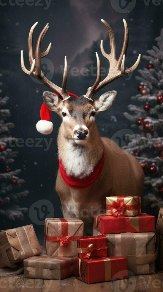 ai généré mignonne cerf rouge Père Noël chapeau Contexte neige carte postale duveteux animaux cadeau rouge hiver photo