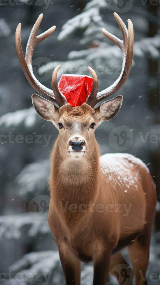 ai généré mignonne cerf rouge Père Noël chapeau Contexte neige carte postale duveteux animaux cadeau rouge hiver photo