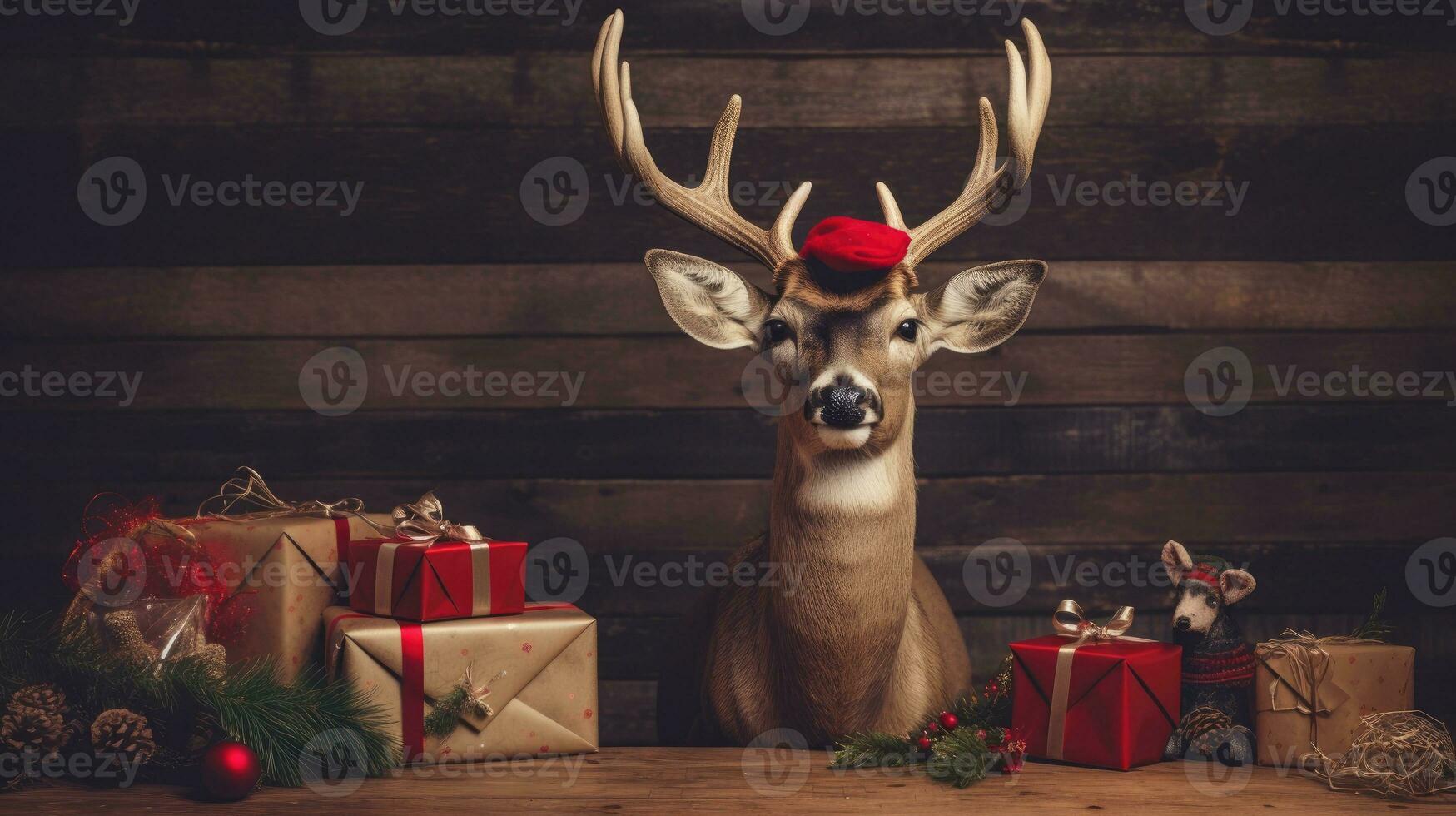 ai généré mignonne cerf rouge Père Noël chapeau Contexte neige carte postale duveteux animaux cadeau rouge hiver photo