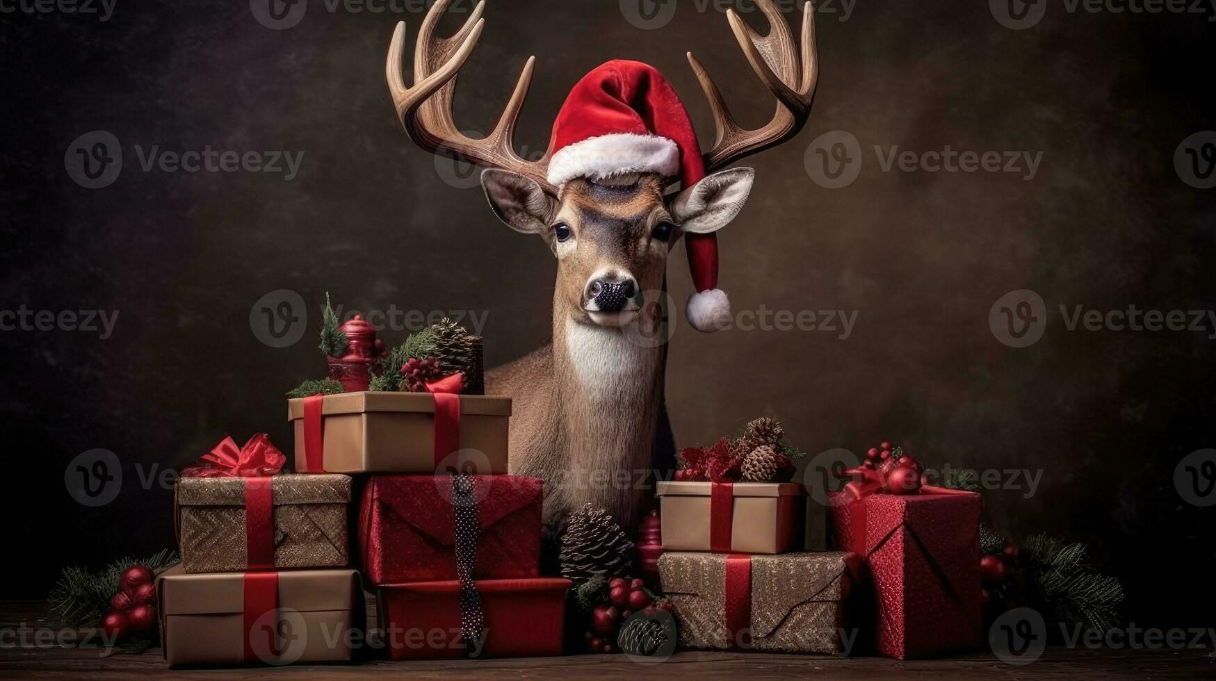 ai généré mignonne cerf rouge Père Noël chapeau Contexte neige carte postale duveteux animaux cadeau rouge hiver photo