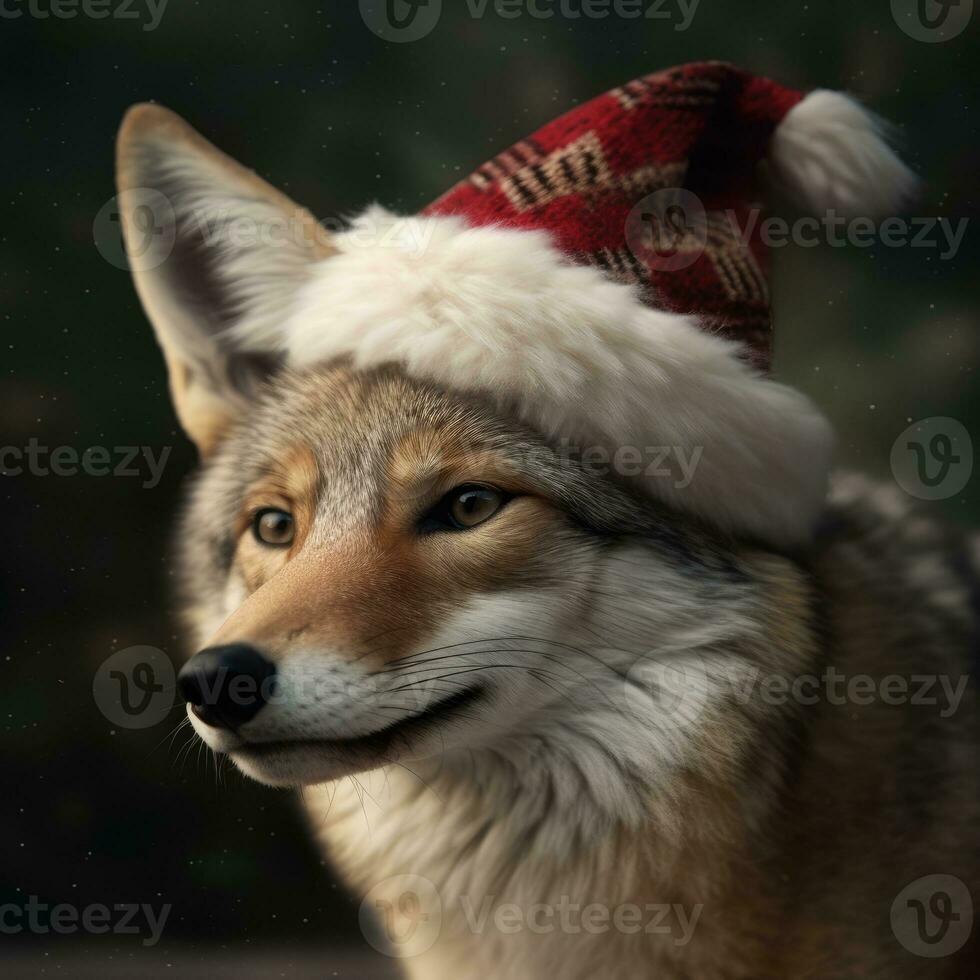 ai généré mignonne lapin lièvre rouge Père Noël chapeau Contexte neige carte postale duveteux animaux cadeau rouge hiver photo