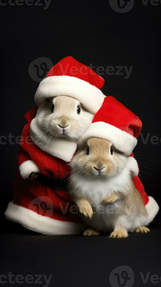 ai généré mignonne cerf rouge Père Noël chapeau Contexte neige carte postale duveteux animaux cadeau rouge hiver photo