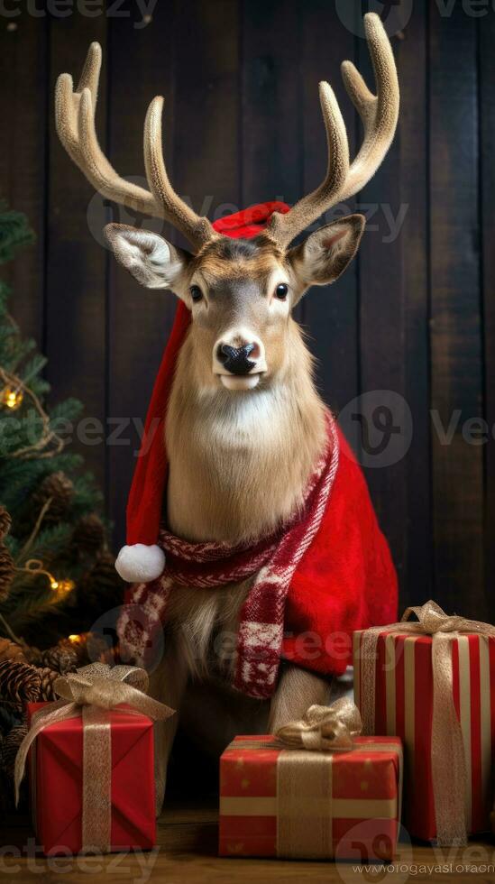 ai généré mignonne cerf rouge Père Noël chapeau Contexte neige carte postale duveteux animaux cadeau rouge hiver photo