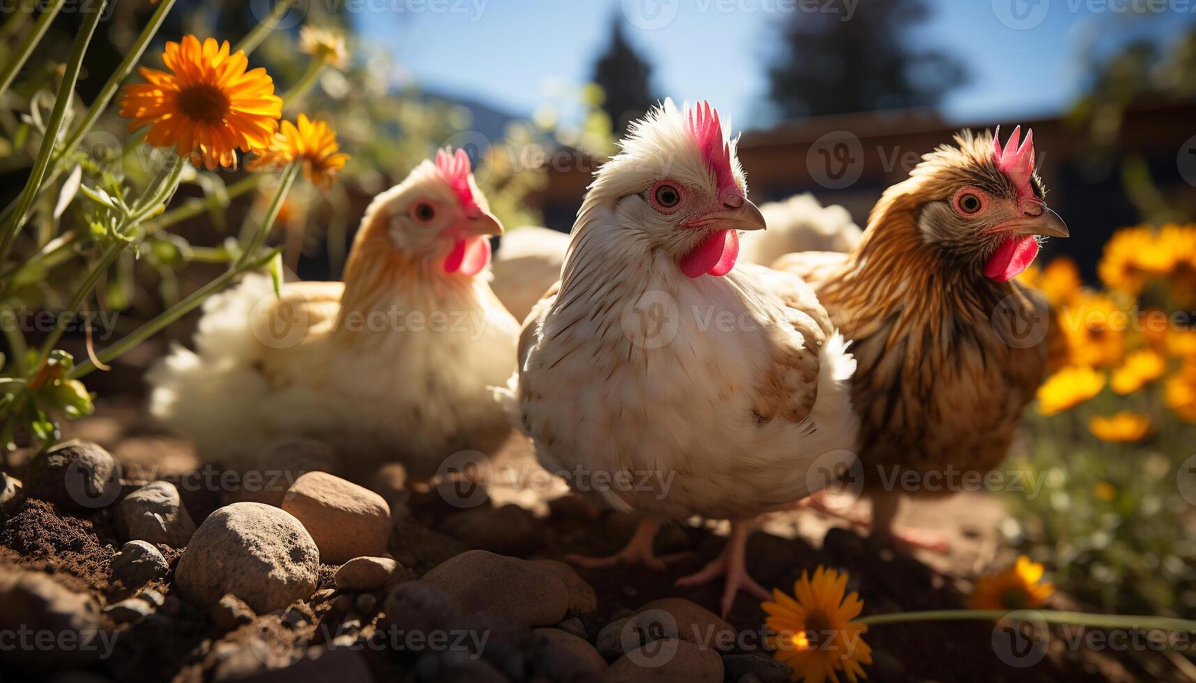 ai généré une mignonne coq dans une poulet coopérative, entouré par la nature généré par ai photo