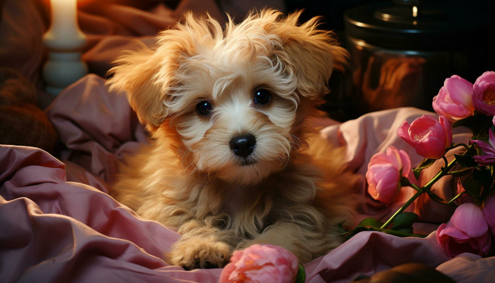 ai généré mignonne chiot séance en plein air, à la recherche à caméra avec concentré regard généré par ai photo