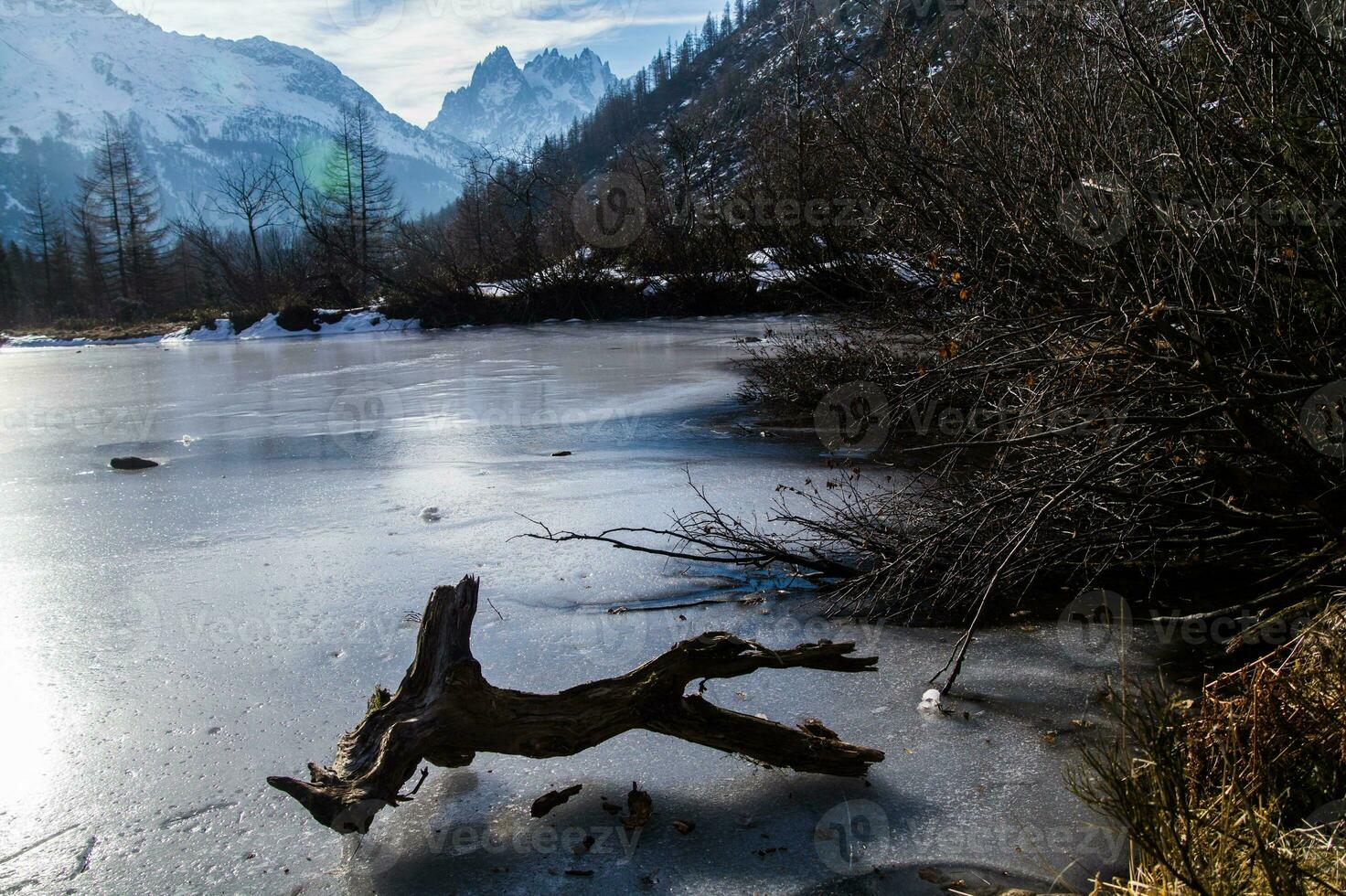 congelé Lac avec mort bois dans le français Alpes photo