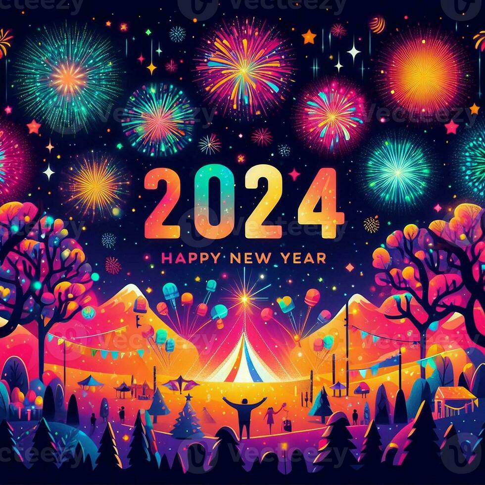ai généré une majestueux feu d'artifice afficher illumine le horizon dans une de fête Bienvenue à content Nouveau année 2024 photo