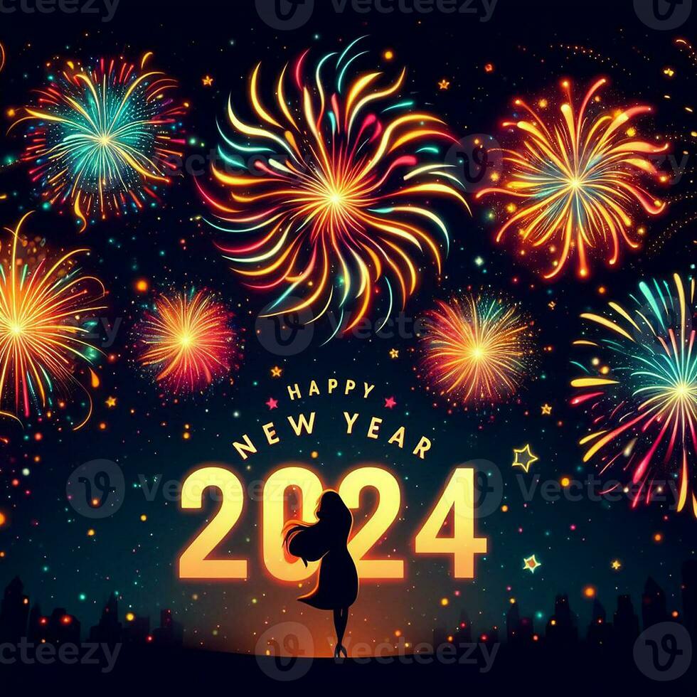 ai généré une majestueux feu d'artifice afficher illumine le horizon dans une de fête Bienvenue à content Nouveau année 2024 photo
