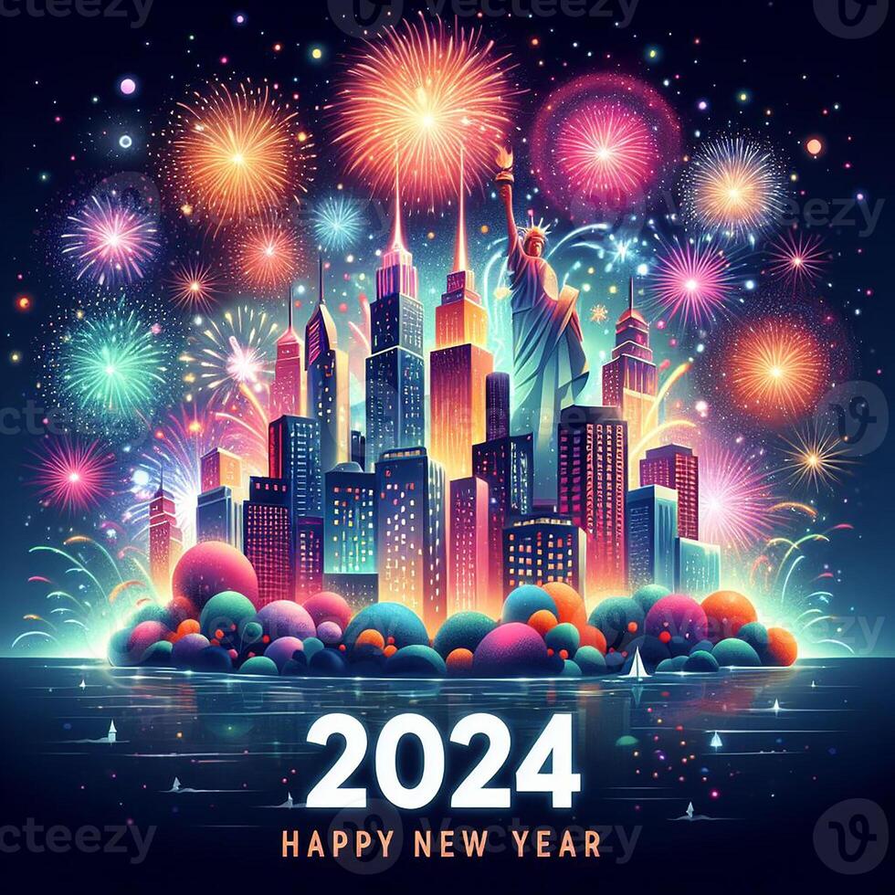 ai généré une majestueux feu d'artifice afficher illumine le horizon dans une de fête Bienvenue à content Nouveau année 2024 photo