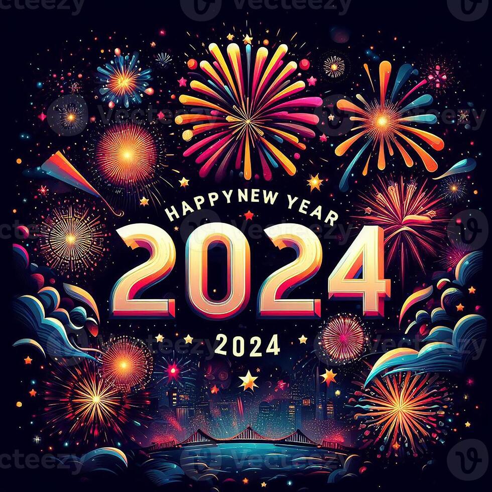 ai généré une majestueux feu d'artifice afficher illumine le horizon dans une de fête Bienvenue à content Nouveau année 2024 photo