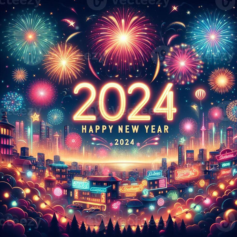 ai généré une majestueux feu d'artifice afficher illumine le horizon dans une de fête Bienvenue à content Nouveau année 2024 photo