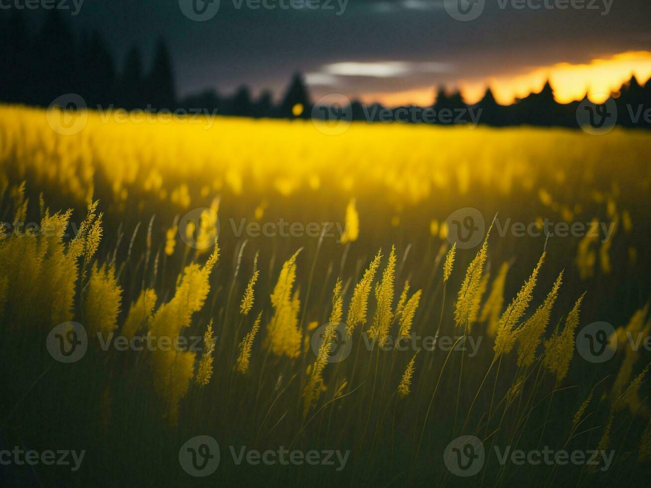 ai généré abstrait doux concentrer le coucher du soleil champ paysage de Jaune fleurs et herbe Prairie chaud d'or heure le coucher du soleil lever du soleil temps. tranquille printemps été la nature fermer et flou forêt Contexte. photo