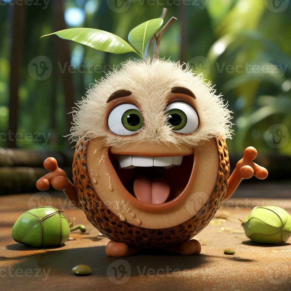 ai généré 3d dessin animé réaliste mignonne noix de coco fruit photo