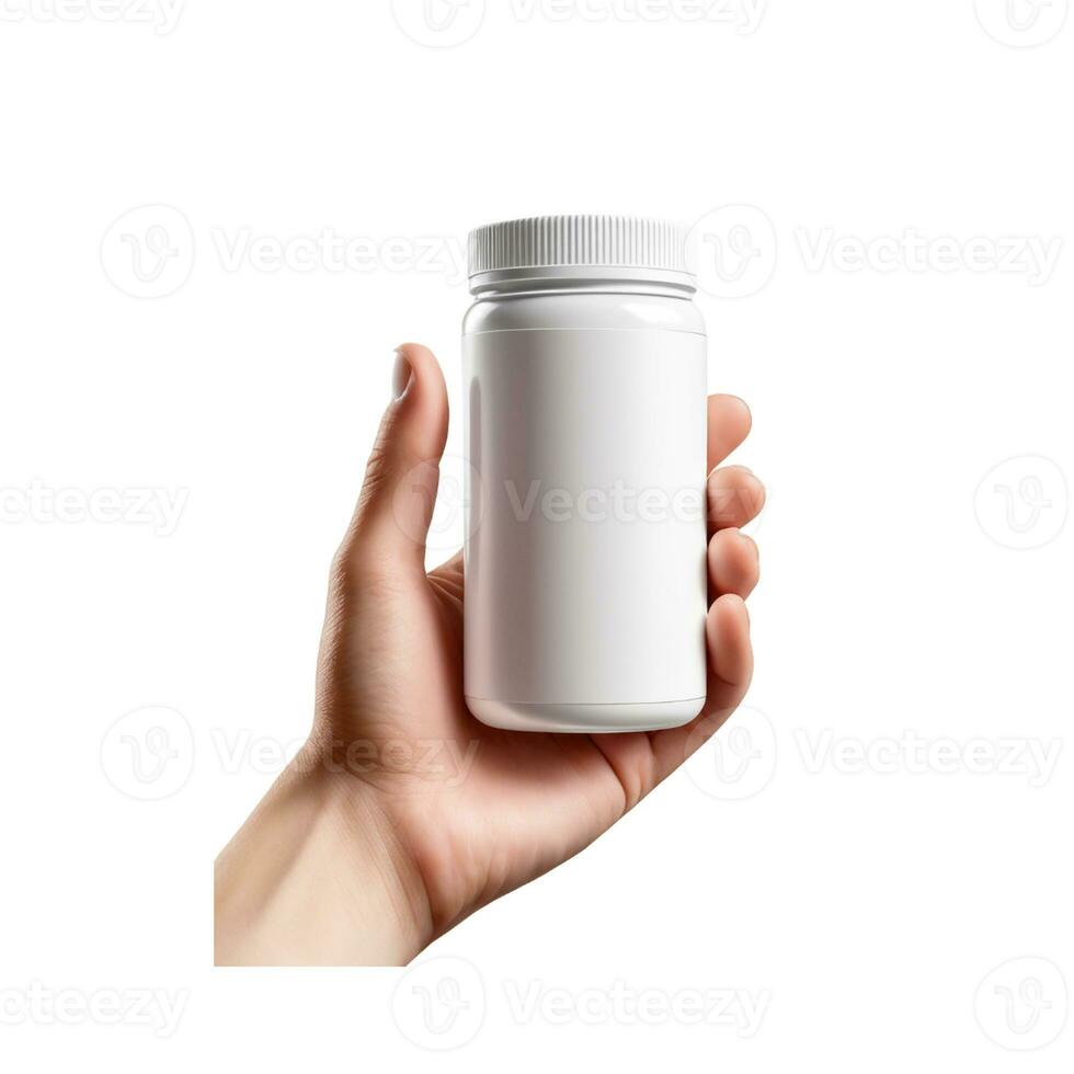 ai généré femelle main en portant une blanc Plastique bouteille de pilules isolé sur blanc Contexte photo