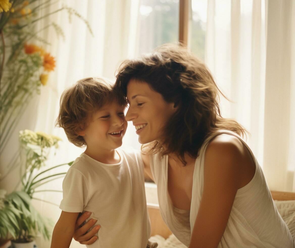 ai généré content mère et fils étreindre et profiter ensemble dans vivant chambre, famille temps concept photo