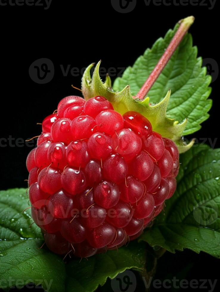 ai généré Frais mûr framboise sur noir arrière-plan, juteux et savoureux fruit, en bonne santé nourriture photo