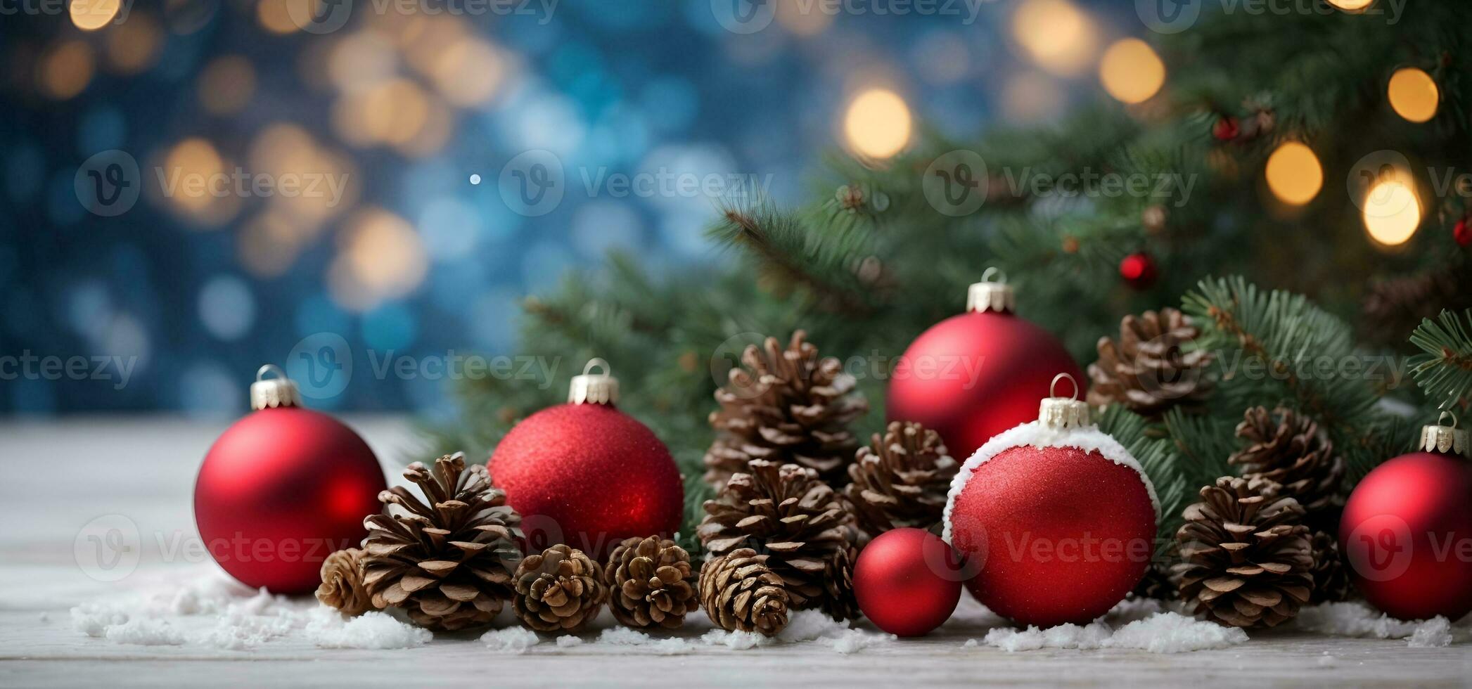 ai généré Noël décorations, pommes de pin, et sapin branches sur une couvert de neige blanc en bois tableau, avec bokeh lumières sur une bleu Contexte. photo