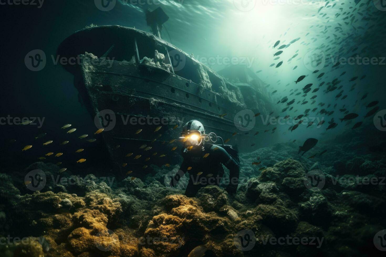 ai généré épave sous-marin l'eau navire plongeur la nature creux corail scaphandre autonome récif poisson Profond océan photo