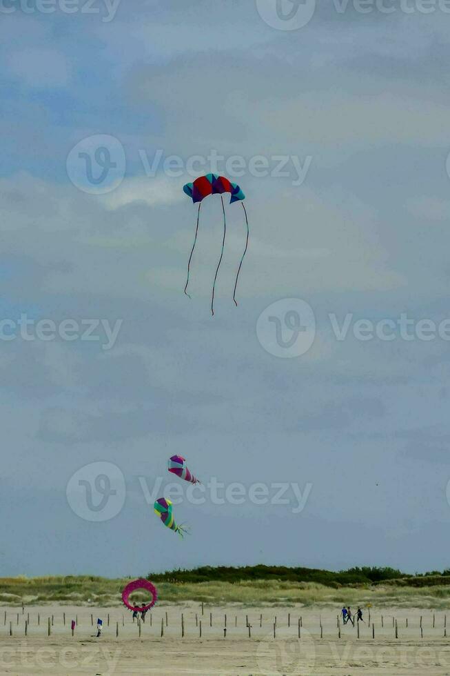 une groupe de gens en volant cerfs-volants sur une plage photo