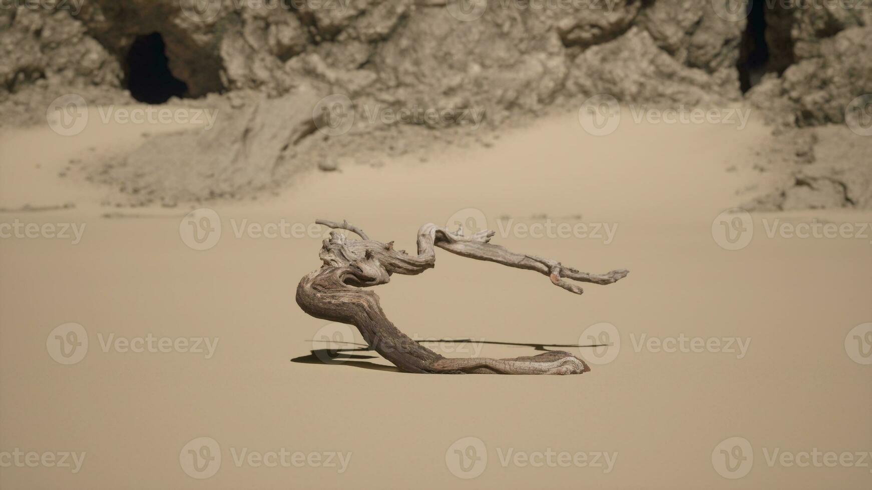 une bois flotté sculpture sur le plage avec une Roche formation dans le Contexte photo