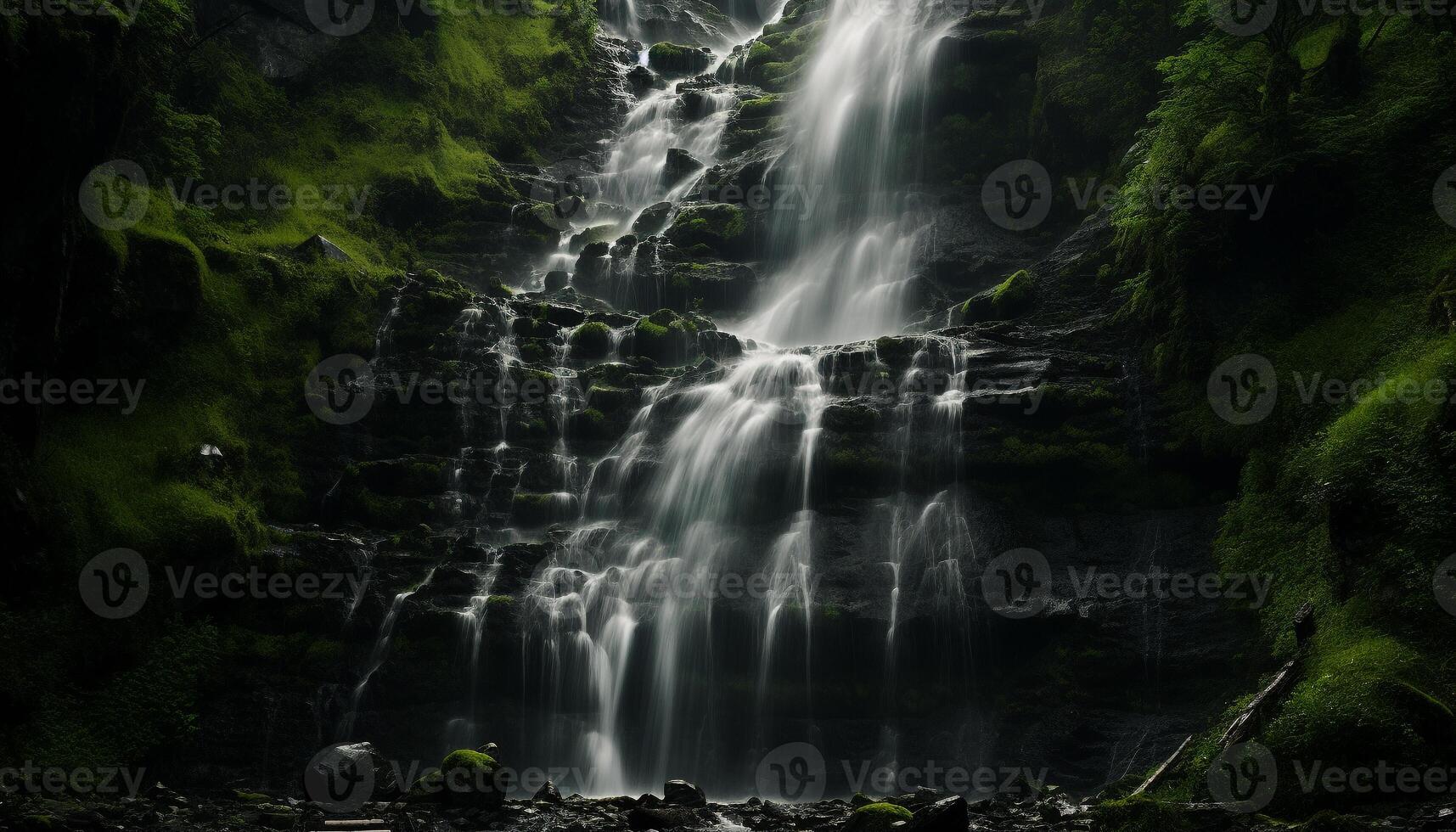 ai généré majestueux cascade écoulement par tropical forêt tropicale, une Stupéfiant aventure généré par ai photo