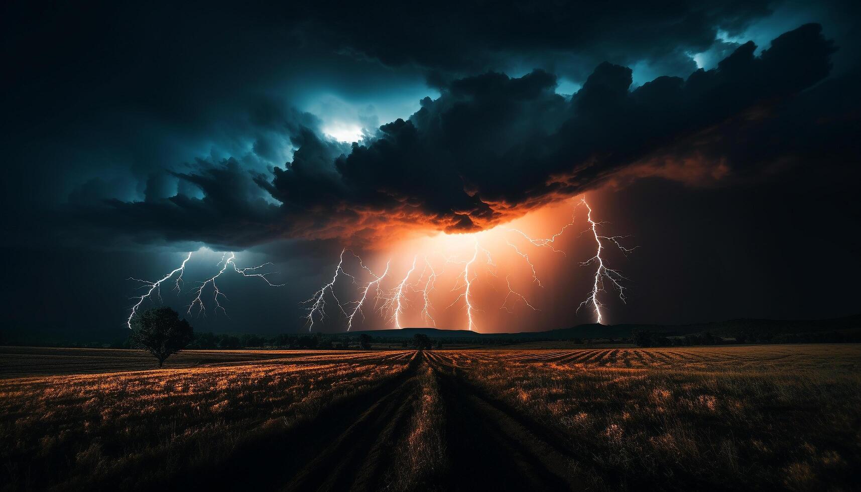 ai généré spectaculaire ciel, foncé nuit, orage, majestueux montagnes, humide herbe généré par ai photo